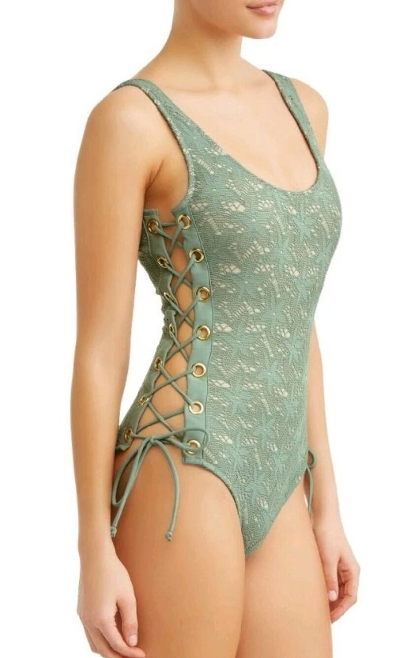 Sage Green Crochet Lace One-Piece Swimsuit Nude Lining Sexy Lace Up Side Medium